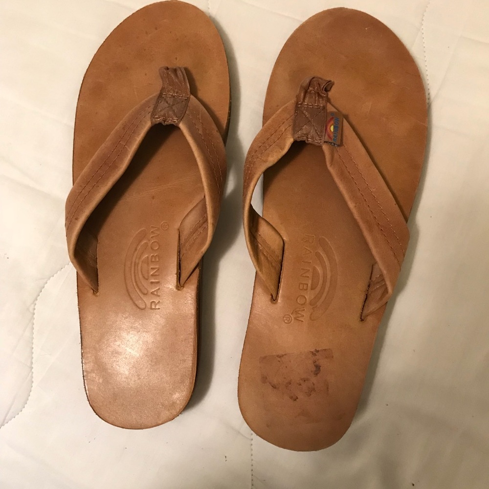 Leather rainbow flip flops